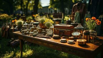 Garage Sale, Vintage and Used Goods on Display at an Afternoon Flea Market on the Greensward - A Treasure Hunt for Antique and Retro Collectibles, Ai generative photo