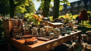 Garage Sale, Vintage and Used Goods on Display at an Afternoon Flea Market on the Greensward - A Treasure Hunt for Antique and Retro Collectibles, Ai generative photo