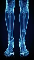 X-ray of legs of a male human, blue tone radiograph on a black background, Ai generative photo