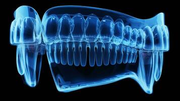 x-ray of human dental, blue tone radiograph on dark background, Diagnostic Tool for Dental Examination and Diagnosis, Ai generative photo