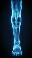 X-ray of legs of a male human, blue tone radiograph on a black background, Ai generative photo
