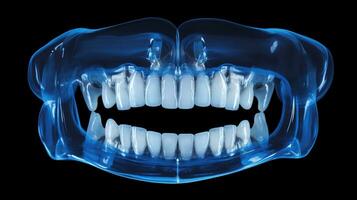 radiografía de humano dental, azul tono radiografía en oscuro fondo, diagnóstico herramienta para dental examen y diagnóstico, ai generativo foto