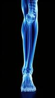 radiografía de piernas de un masculino humano, azul tono radiografía en un negro fondo, ai generativo foto