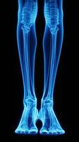 X-ray of legs of a male human, blue tone radiograph on a black background, Ai generative photo