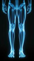 radiografía de piernas de un masculino humano, azul tono radiografía en un negro fondo, ai generativo foto