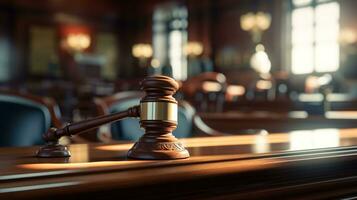 Symbol of Justice, The Judge Gavel in the Court Hall, Signifying Law and Justice Concept - Placed on the Lawyer's Desk in the Warm Afternoon Light, Ai generative photo