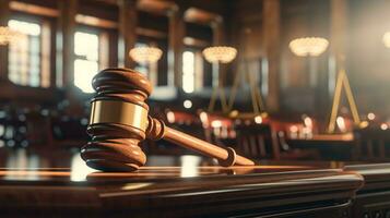 Symbol of Justice, The Judge Gavel in the Court Hall, Signifying Law and Justice Concept - Placed on the Lawyer's Desk in the Warm Afternoon Light, Ai generative photo