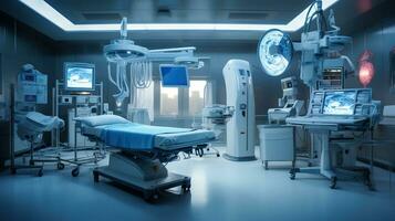 State-of-the-Art Medical Technology, Equipment and Medical Devices in a Modern Operating Room, Including X-Ray Device and MRI Scan, Setting the Stage for Advanced Healthcare, Ai generative photo