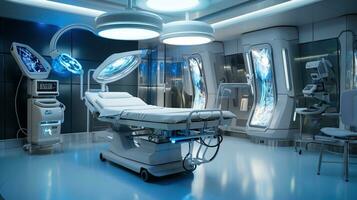 State-of-the-Art Medical Technology, Equipment and Medical Devices in a Modern Operating Room, Including X-Ray Device and MRI Scan, Setting the Stage for Advanced Healthcare, Ai generative photo