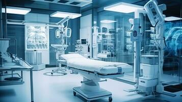 State-of-the-Art Medical Technology, Equipment and Medical Devices in a Modern Operating Room, Including X-Ray Device and MRI Scan, Setting the Stage for Advanced Healthcare, Ai generative photo