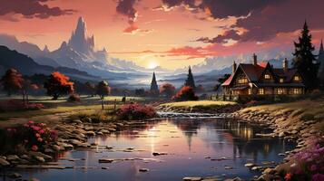 Golden Hour Glow, Peaceful Landscapes with a Flower Field, Little Houses, a Majestic Mountain, and a Serene Lake, Perfect for a Rustic Weekend Break, Nature Background, Ai generative photo