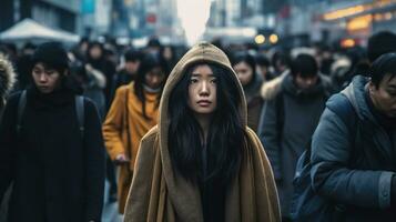 Stress and Anxiety in Urban Life, Young Woman in a State of Panic on a Busy City Street - Highlighting the Importance of Mental Health Awareness, Ai generative photo