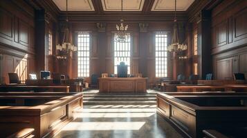 The Essence of Law and Justice, An Empty Courthouse Room Interior Illuminated by Afternoon Light, A Powerful Symbol of Legal Principles and Equality, Ai generative photo