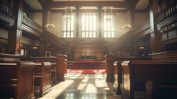 The Essence of Law and Justice, An Empty Courthouse Room Interior Illuminated by Afternoon Light, A Powerful Symbol of Legal Principles and Equality, Ai generative photo