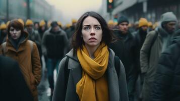 Stress and Anxiety in Urban Life, Young Woman in a State of Panic on a Busy City Street - Highlighting the Importance of Mental Health Awareness, Ai generative photo