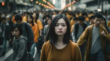 Stress and Anxiety in Urban Life, Young Woman in a State of Panic on a Busy City Street - Highlighting the Importance of Mental Health Awareness, Ai generative photo