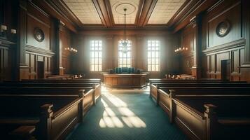 The Essence of Law and Justice, An Empty Courthouse Room Interior Illuminated by Afternoon Light, A Powerful Symbol of Legal Principles and Equality, Ai generative photo