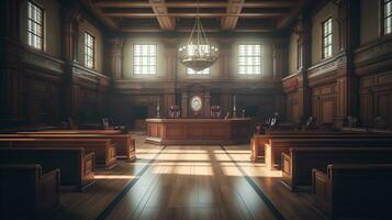 The Essence of Law and Justice, An Empty Courthouse Room Interior Illuminated by Afternoon Light, A Powerful Symbol of Legal Principles and Equality, Ai generative photo