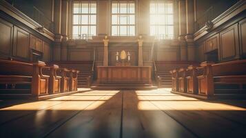 The Essence of Law and Justice, An Empty Courthouse Room Interior Illuminated by Afternoon Light, A Powerful Symbol of Legal Principles and Equality, Ai generative photo