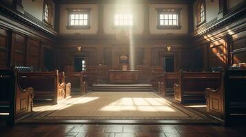 The Essence of Law and Justice, An Empty Courthouse Room Interior Illuminated by Afternoon Light, A Powerful Symbol of Legal Principles and Equality, Ai generative photo