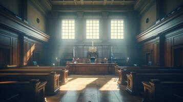 The Essence of Law and Justice, An Empty Courthouse Room Interior Illuminated by Afternoon Light, A Powerful Symbol of Legal Principles and Equality, Ai generative photo