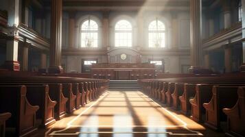 The Essence of Law and Justice, An Empty Courthouse Room Interior Illuminated by Afternoon Light, A Powerful Symbol of Legal Principles and Equality, Ai generative photo