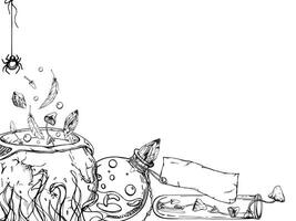 mano dibujado tinta vector bruja caldera elaborar cerveza pociones frasco aislado horizontal marco. bosquejo ilustración Arte brujería, medicamento, química, alquimia. diseño tiendas, logo, imprimir, sitio web, tarjeta, folleto