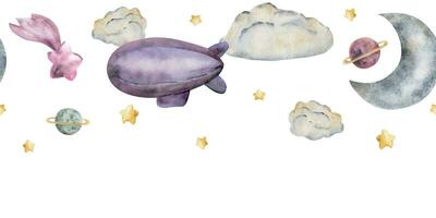 Watercolor hand drawn illustration, magical cosmos universe items, moon stars clouds airship balloon. Seamless border Isolated on white background. For kids, children bedroom, fabric, linens print vector