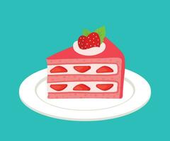 Strawberry Cake in White Plate Cute Cartoon Bakery Pastry Vector Illustration