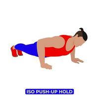 Vector Man Doing Iso Push-Up Hold. Bodyweight Fitness Chest Static Workout Exercise. An Educational Illustration On A White Background.