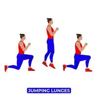 Vector Man Doing Jumping Lunges. Bodyweight Fitness Legs Workout Exercise. An Educational Illustration On A White Background.