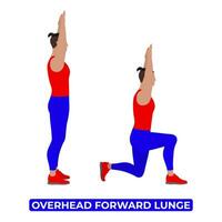 Vector Man Doing Overhead Forward Lunge. Bodyweight Fitness Legs Workout Exercise. An Educational Illustration On A White Background.