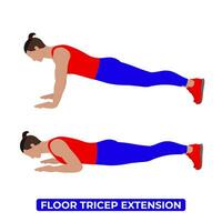 vector hombre haciendo piso tricep extensión. antebrazo empujar arriba. peso corporal aptitud brazo tricep rutina de ejercicio ejercicio. un educativo ilustración en un blanco antecedentes.