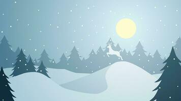 Winter landscape vector illustration. Winter silhouette with reindeer and pine forest in the snow hill. Silhouette of cold season for background, wallpaper or landing page