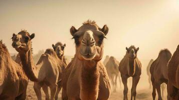 a group of camels in a desert AI Generated photo