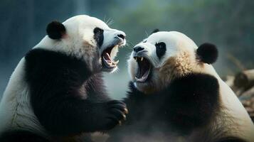 un Pareja de pandas jugando ai generado foto