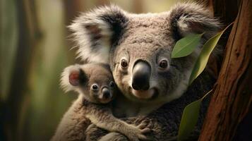 un grupo de koalas en un árbol ai generado foto