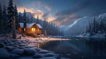 a house by a lake with snow on the ground and mountains in the background AI Generated photo