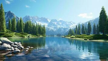 a lake surrounded by trees and mountains AI Generated photo