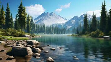 a lake with rocks and trees with a mountain in the background AI Generated photo
