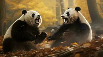 un Pareja de pandas jugando ai generado foto