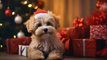 Cute Puppy Wearing Santa Hat with Christmas Tree and Presents photo