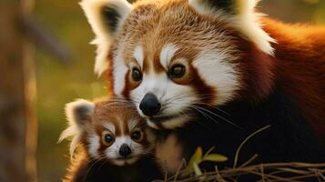 un Pareja de rojo pandas ai generado foto