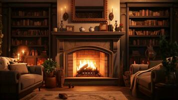a fireplace in a room AI Generated photo