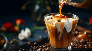 Caramel Drizzle over Whipped Cream and Iced Coffee with Coffee Beans photo