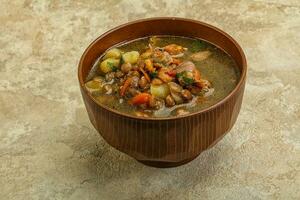 Lentil soup with chicken and vegetables photo