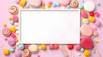 A Pink Background with Colorful Sweets and a White Frame photo