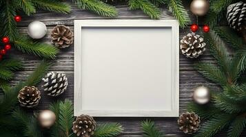 Christmas Frame with Pine Cones, Ornaments on Dark Wooden Background photo