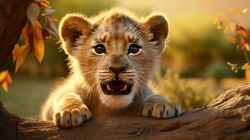 un bebé Tigre en un árbol ai generado foto
