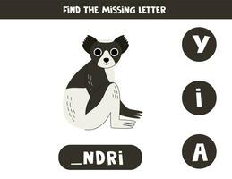 Find missing letter with cartoon indri. Spelling worksheet. vector